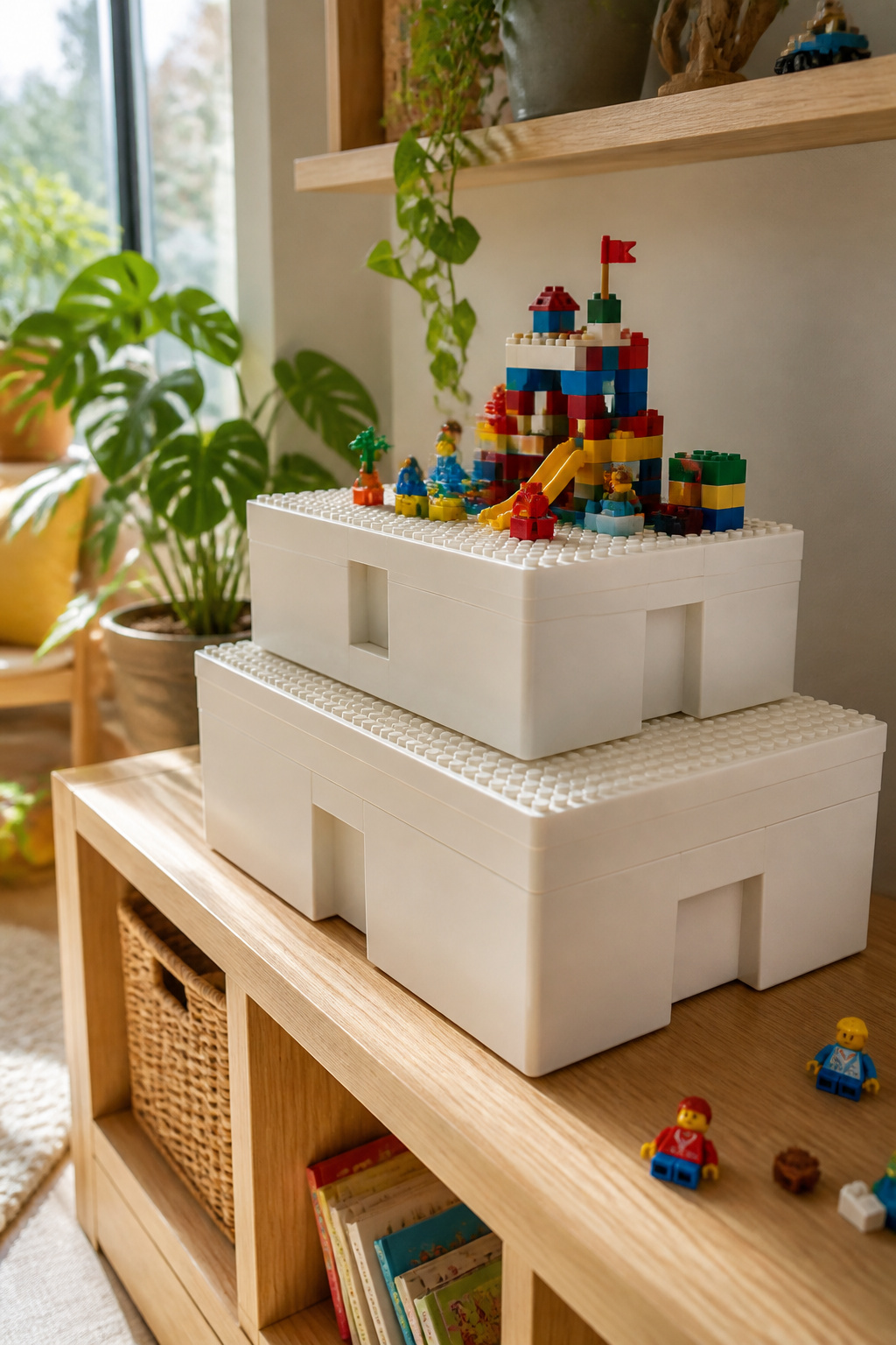 BYGGLEK boxes with stud-covered lids designed for LEGO storage and play.