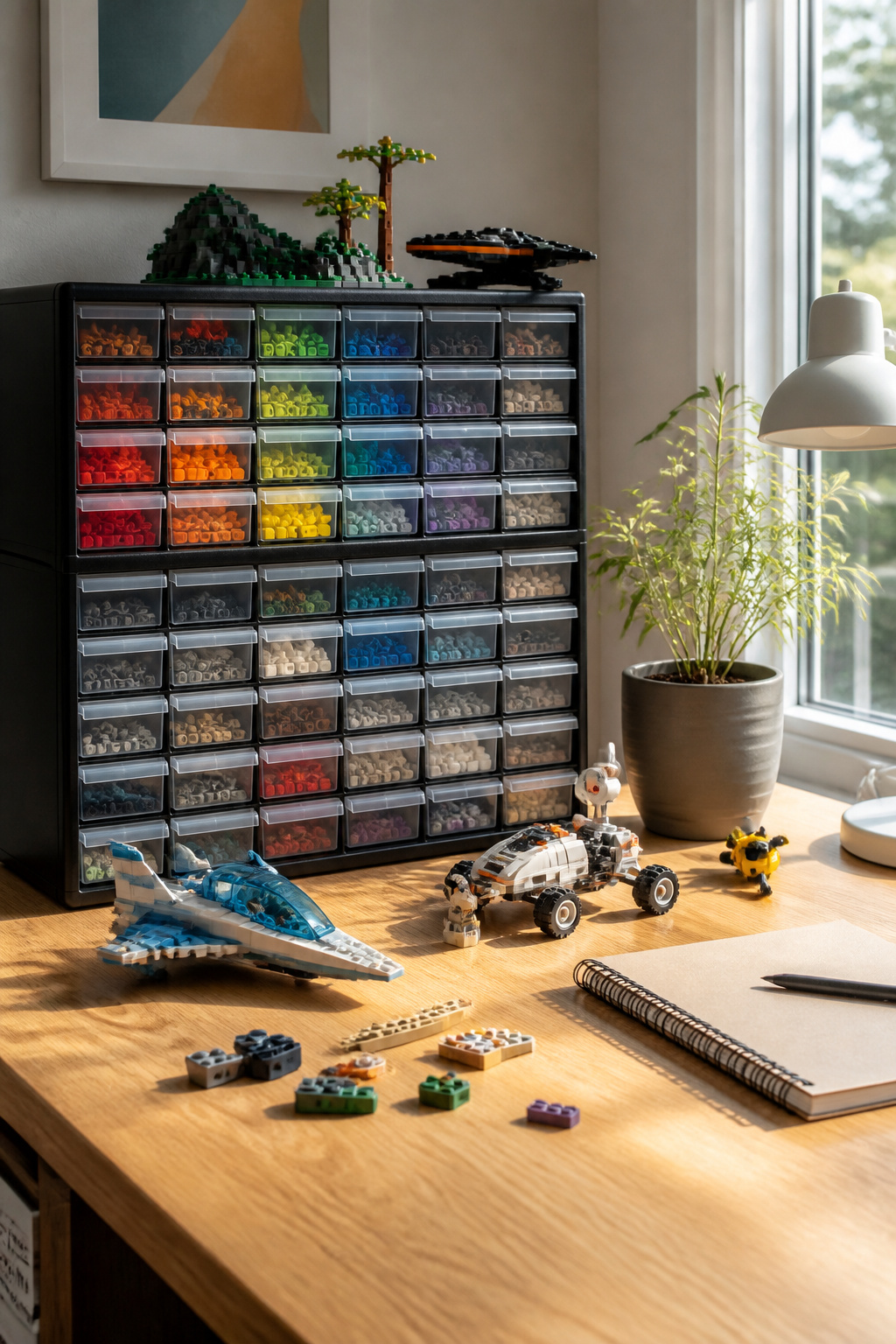 A clean desk with organized Akro-Mils mini drawers filled with LEGO parts.