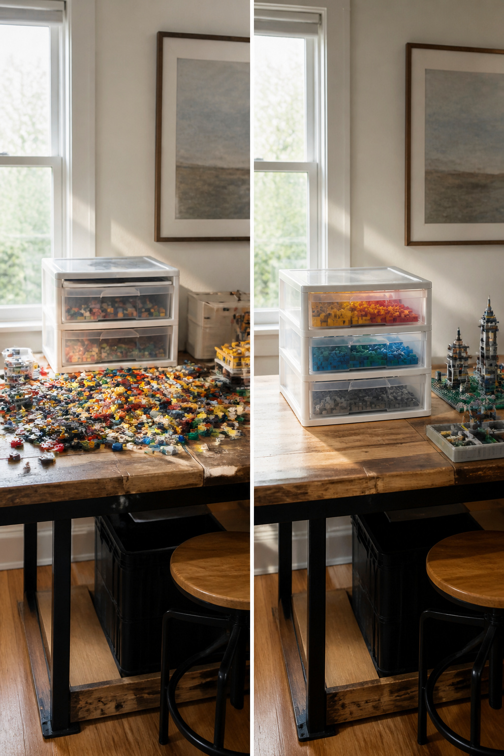 Sterilite 3 Drawer Organizer units stacked on a shelf filled with LEGO pieces.