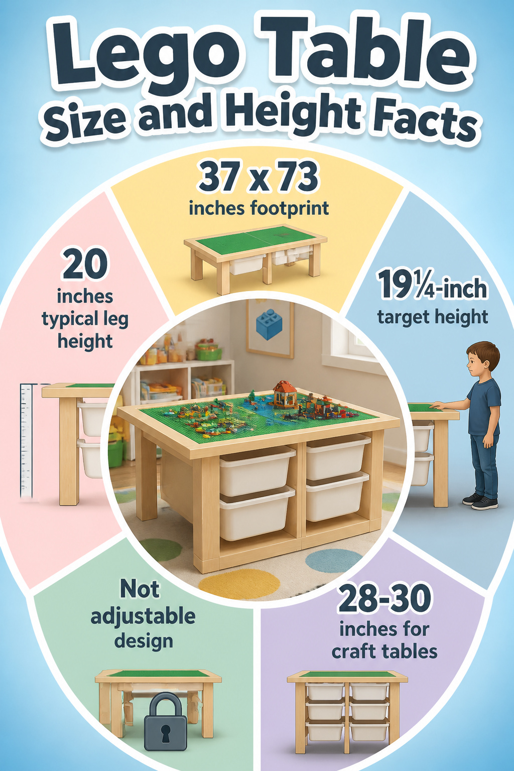 Lego Table Ideas: 6 DIY Builds for Play and Storage 10 Information graphic detailing ideal size and height for Lego tables.