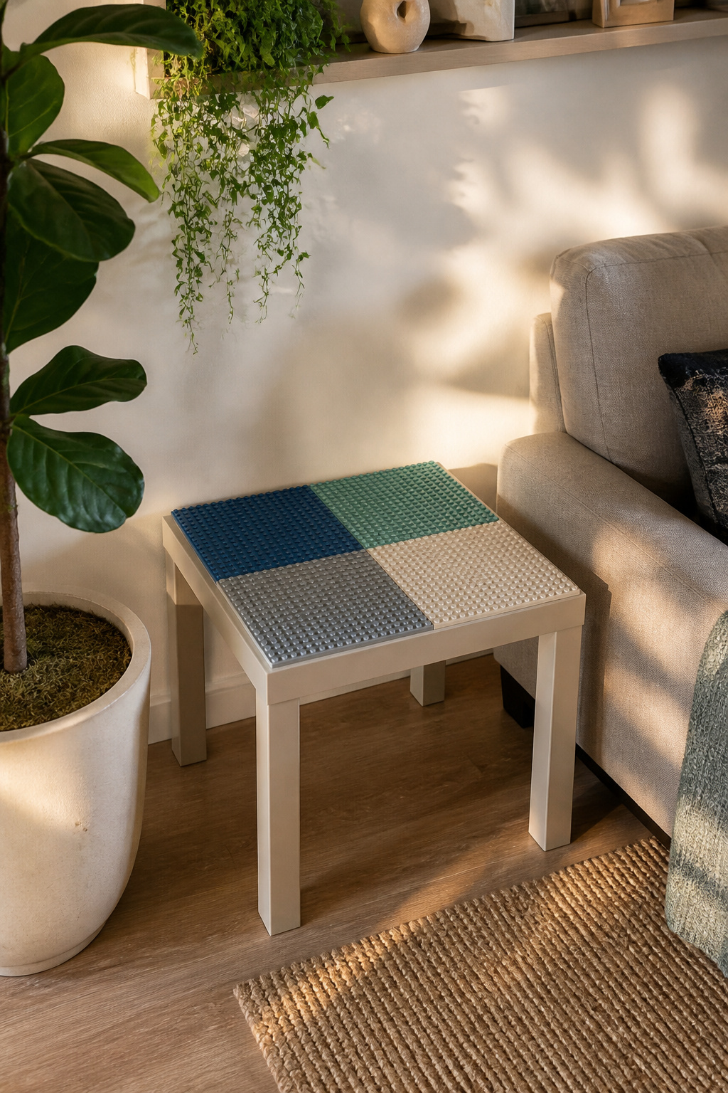 Lego Table Ideas: 6 DIY Builds for Play and Storage 2 IKEA Lack side table with Lego baseplates and a stylish living room backdrop.