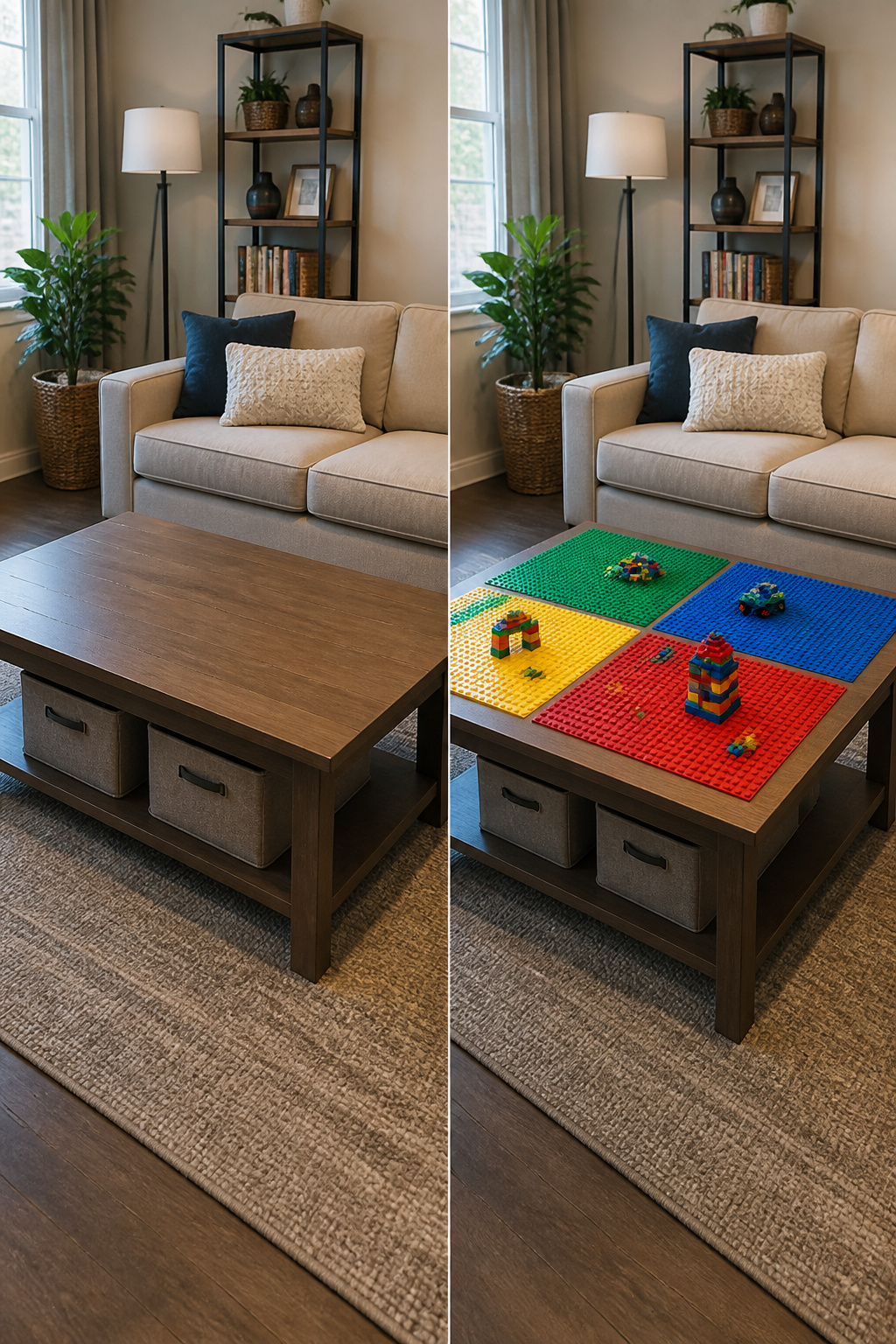 Lego Table Ideas: 6 DIY Builds for Play and Storage 3 Coffee table with Lego baseplates attached, suitable for toddler play.