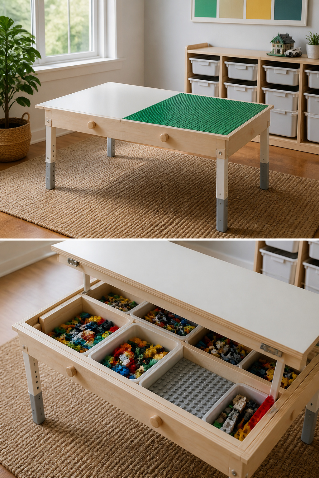 Lego Table Ideas: 6 DIY Builds for Play and Storage 4 Activity table with Lego baseplates on one side and a flat surface on the other.