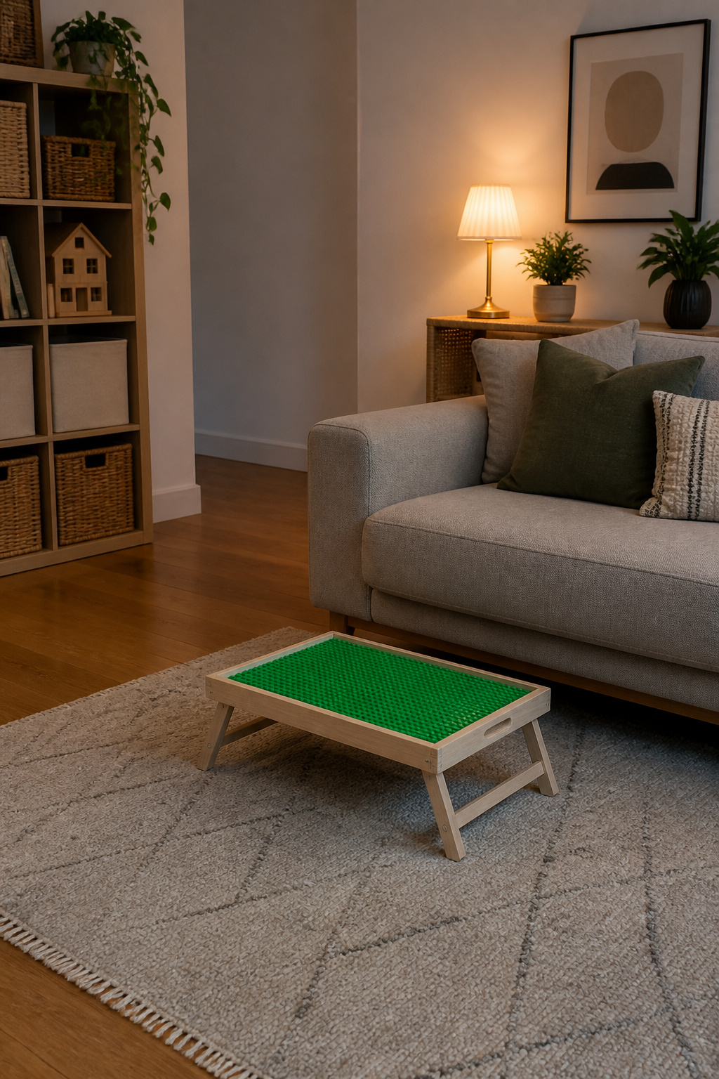 Lego Table Ideas: 6 DIY Builds for Play and Storage 5 Wooden breakfast tray with Lego baseplate and fold-flat legs.