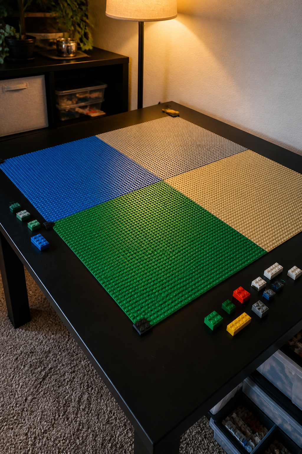 Lego Table Ideas: 6 DIY Builds for Play and Storage 7 Close-up of Lego baseplates arranged on a table surface.