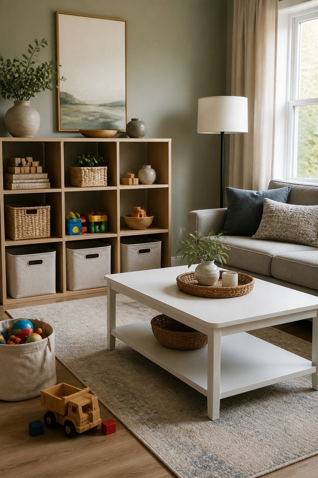 How to Create a Living Room Playroom Combo in 6 Steps 2 Living room with light wood furniture and organized toy storage.