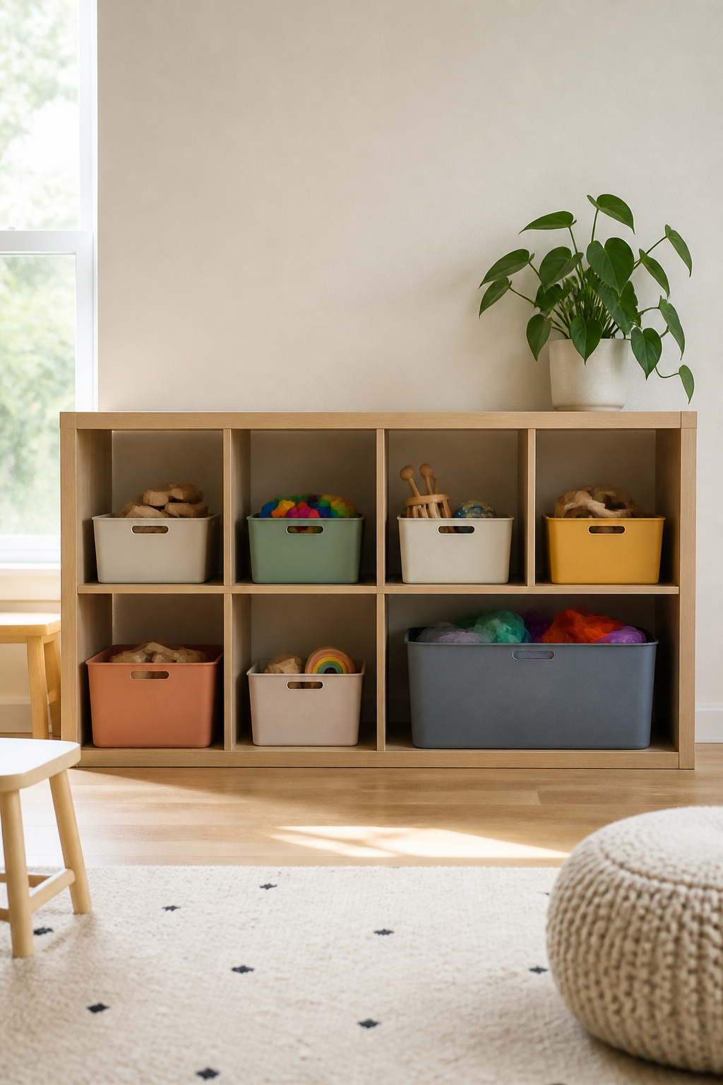 Shelving units displaying toys in organized bins and baskets.