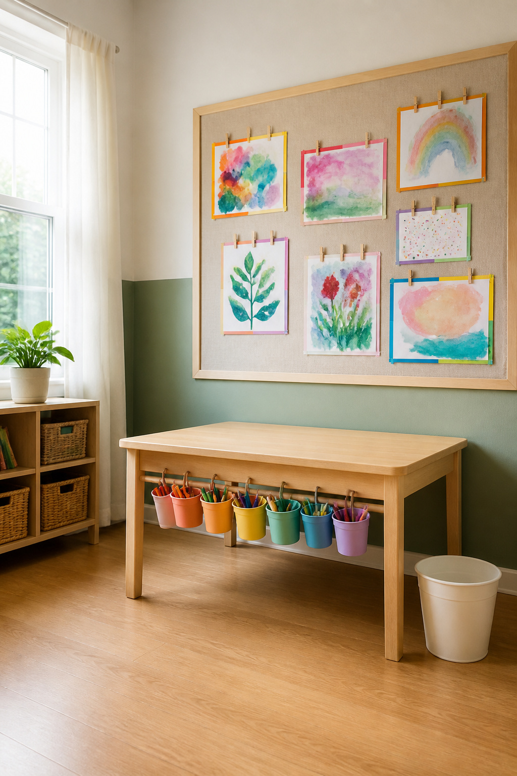An art station with colorful supplies arranged in cups.