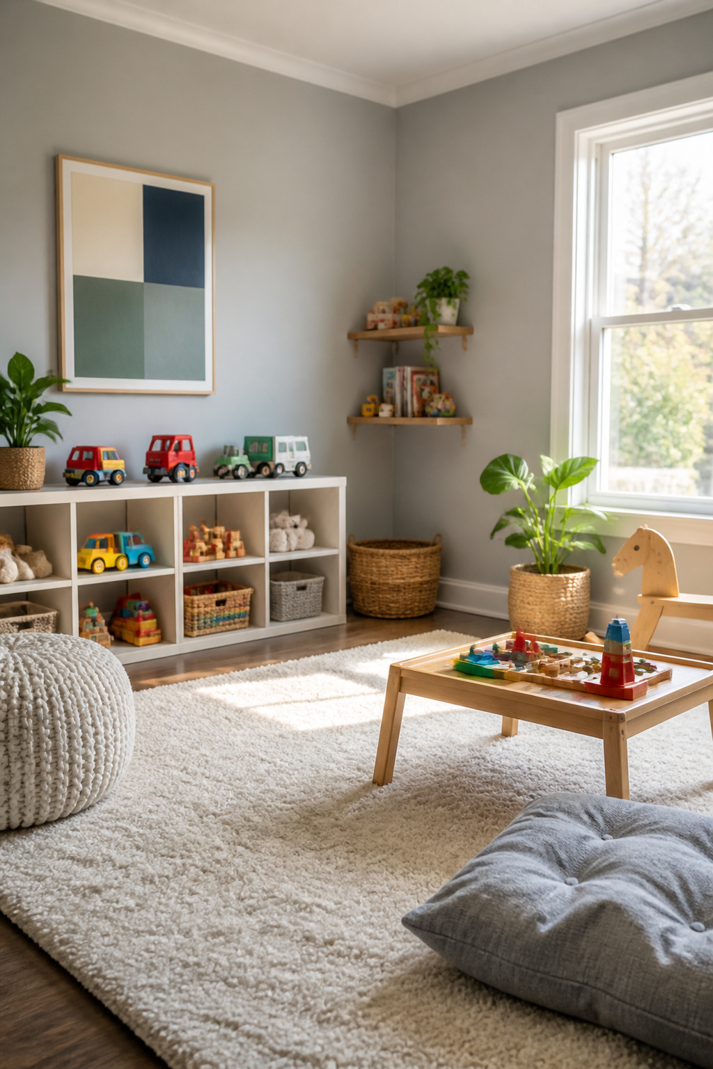 A playroom with gray walls and colorful toys on display.