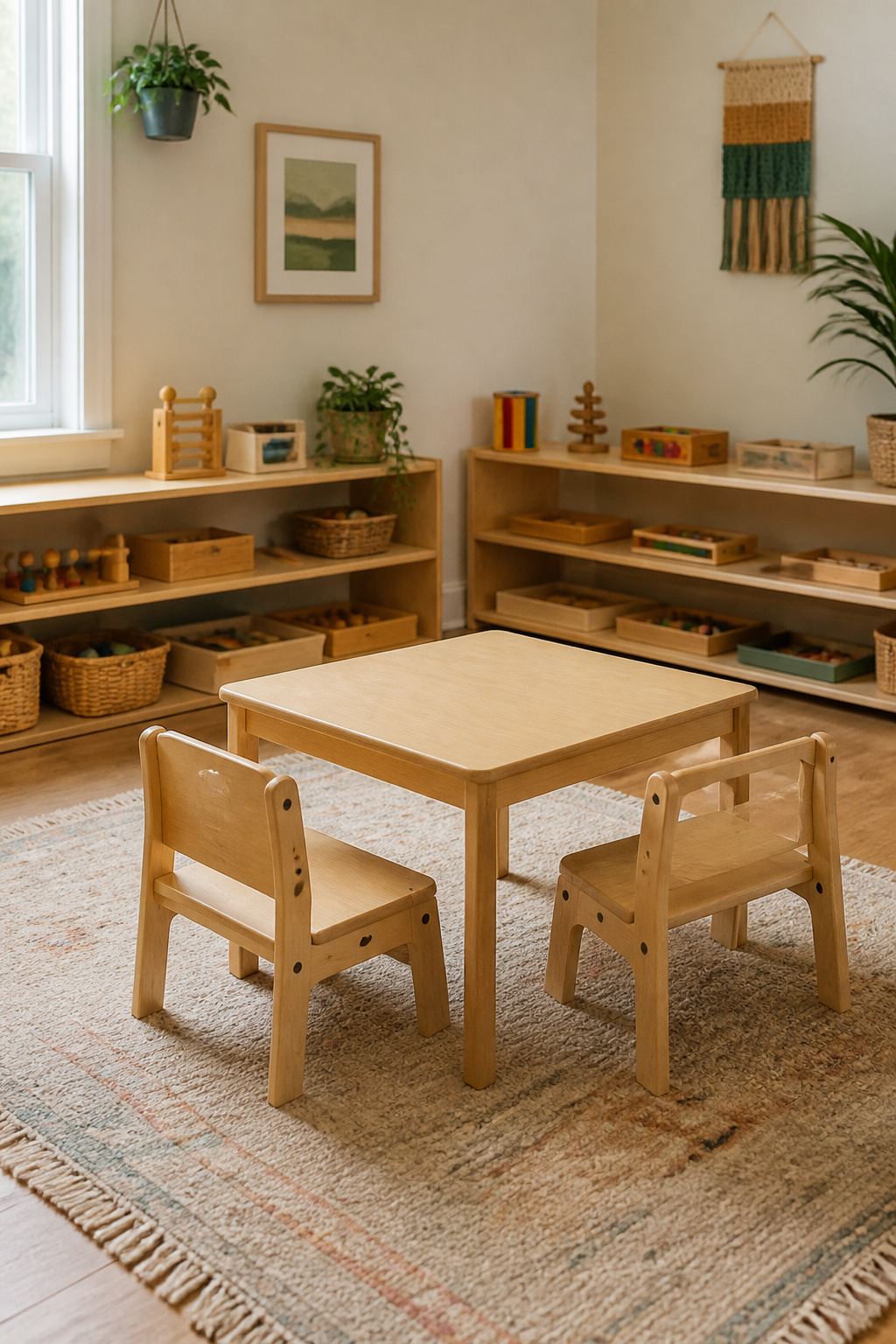 How to Build a Montessori Playroom: 7 Steps for 2026 2 Matching child-sized table and chairs made of natural wood.