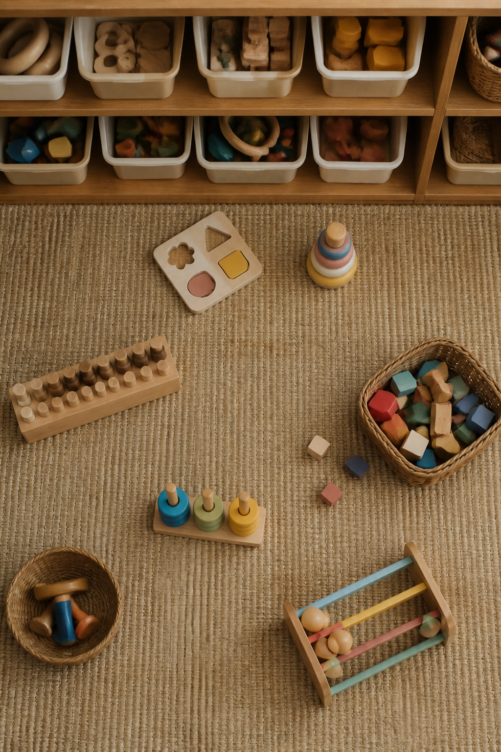 How to Build a Montessori Playroom: 7 Steps for 2026 4 A selection of toys displayed on shelves in a Montessori playroom.