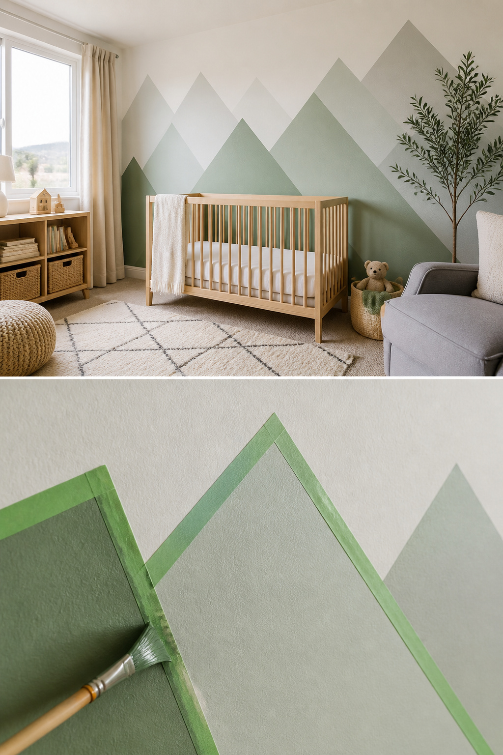 A wall with a hand-painted mountain mural in soft greens and grays.