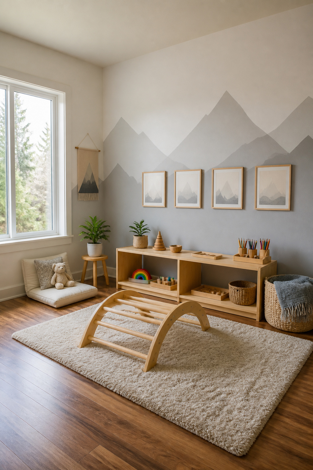 A nursery setup featuring Montessori-inspired low shelves and art rail.