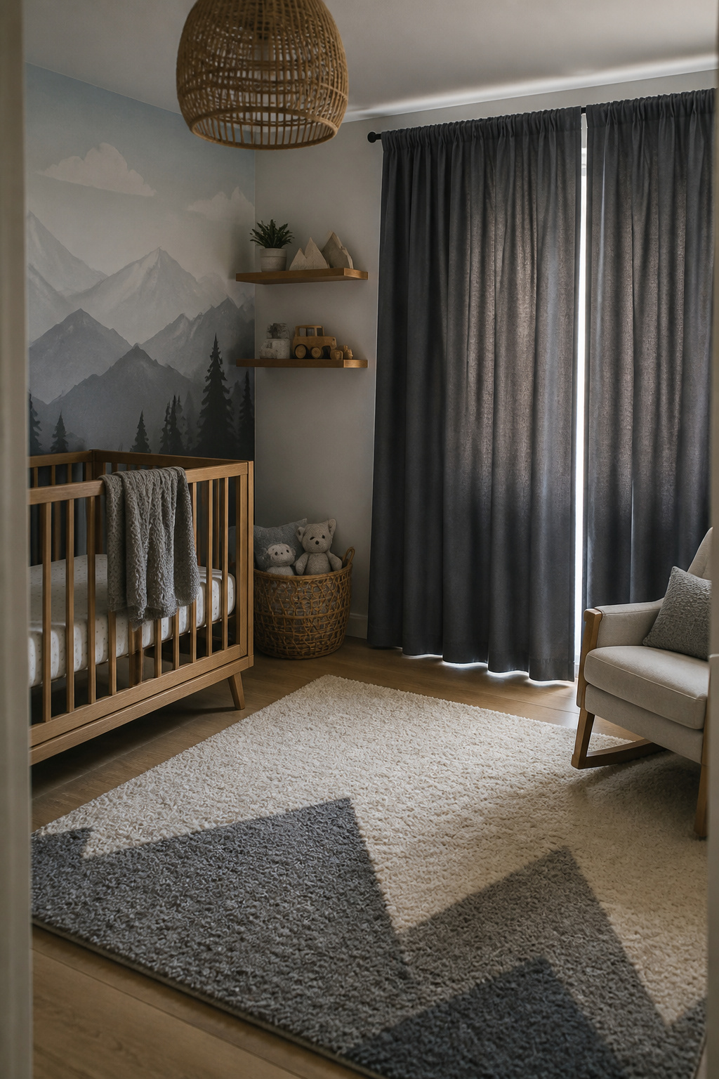 Elegant slate gray blackout curtains hanging in a nursery.