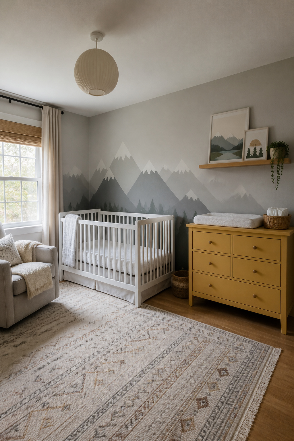 A crib and changing table in a nursery with mountain decor.