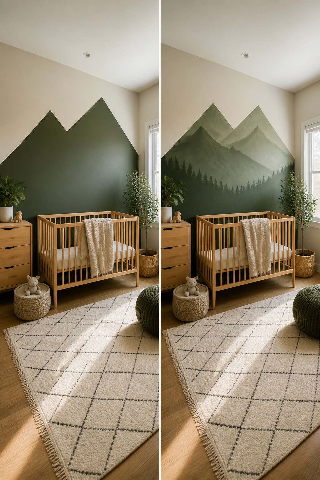 A dark green wall behind a crib in a nursery.