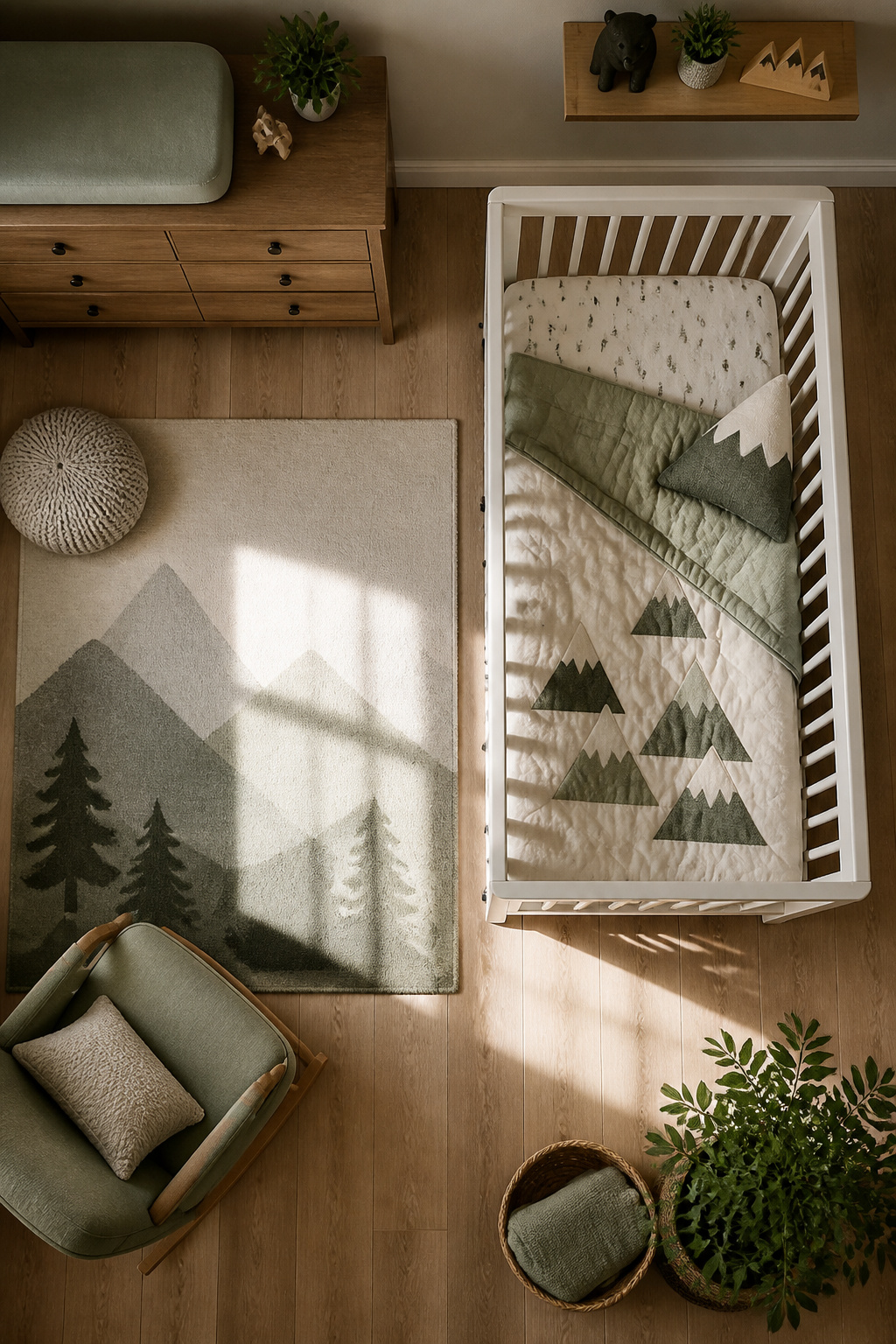 A nursery bed with woodland-themed bedding in soft colors.