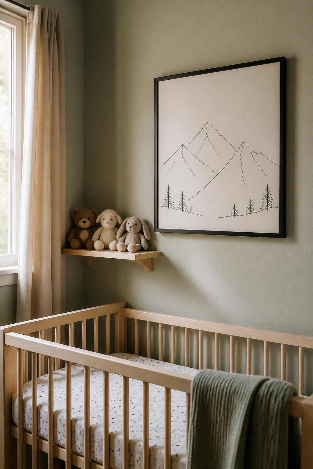 Framed wall art positioned at eye level in a nursery.