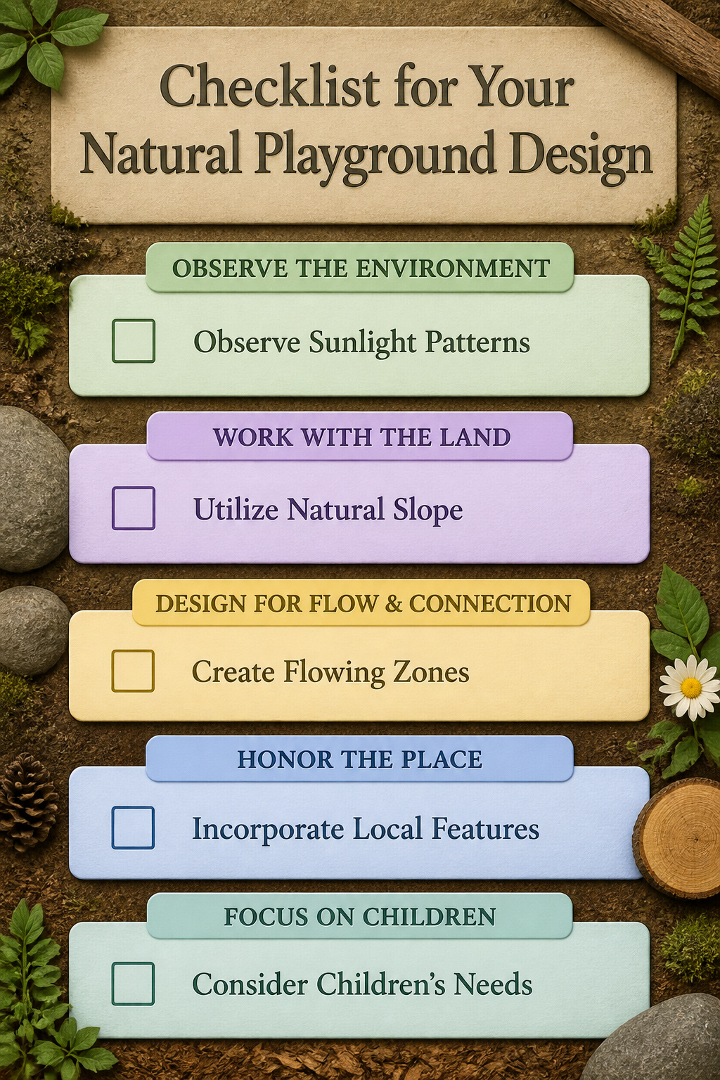 Design checklist for creating a natural playground in a yard.