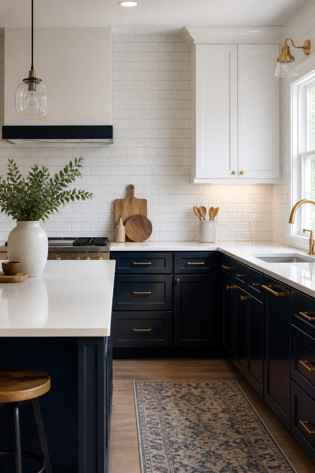 10 Navy and White Kitchen Cabinet Ideas for 2026 1 Bright kitchen with white subway tile backsplash and navy cabinets.