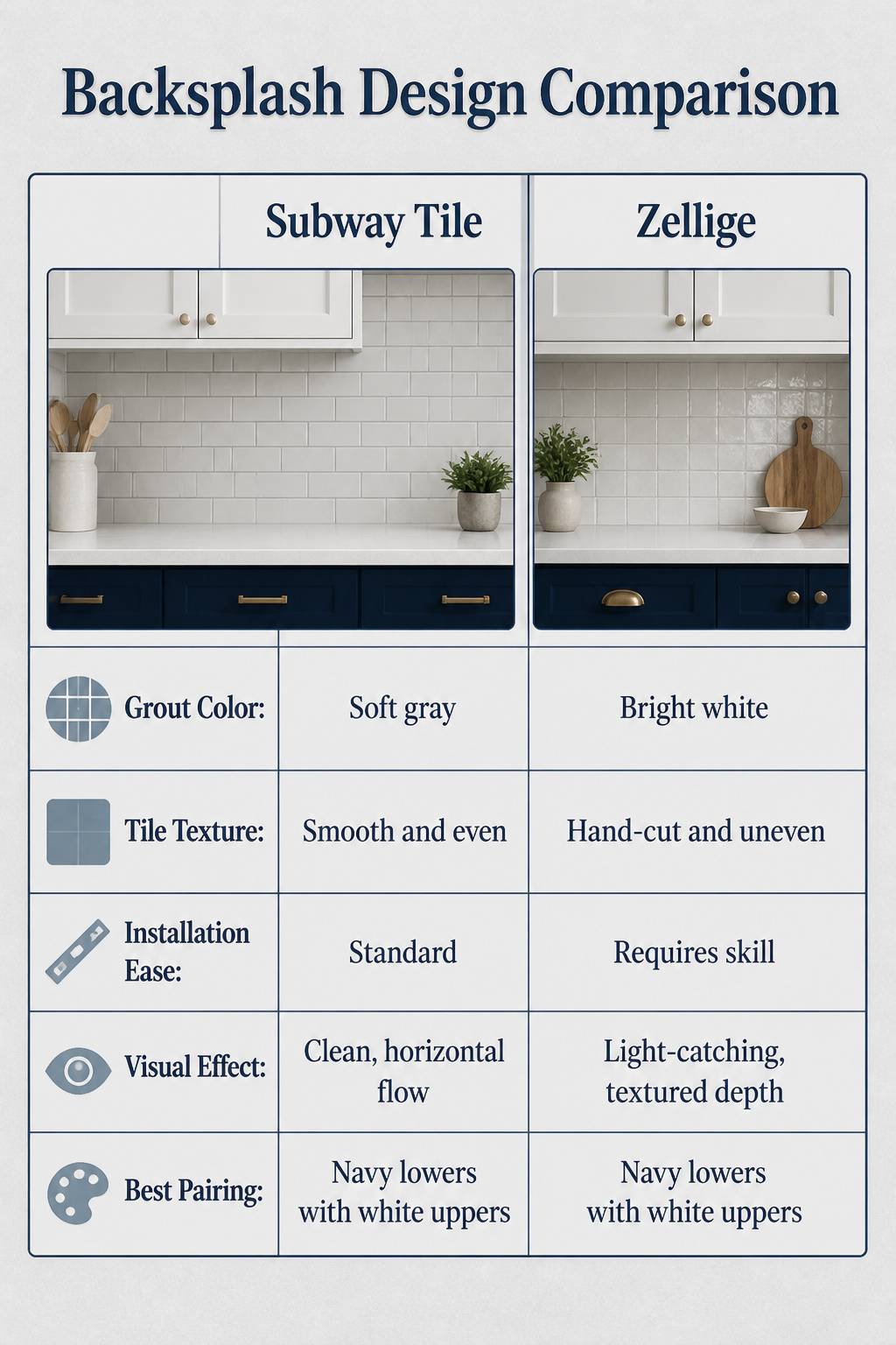 10 Navy and White Kitchen Cabinet Ideas for 2026 12 Image comparing backsplash designs for navy and white kitchens.