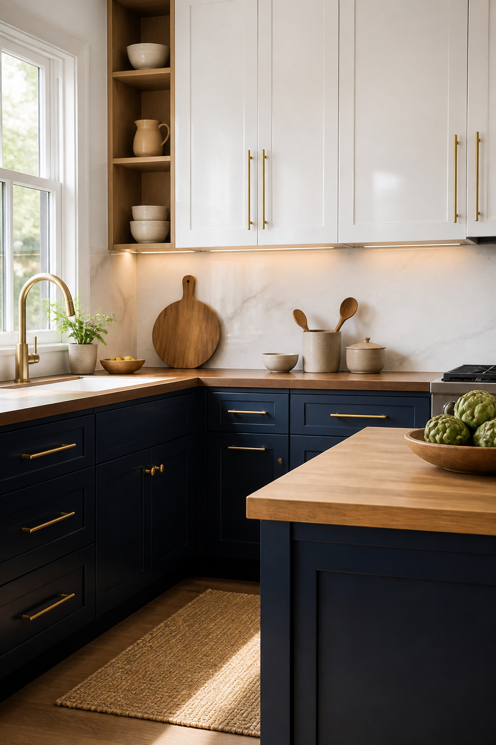 10 Navy and White Kitchen Cabinet Ideas for 2026 2 Kitchen scene featuring brass cabinet pulls on navy and white cabinets.