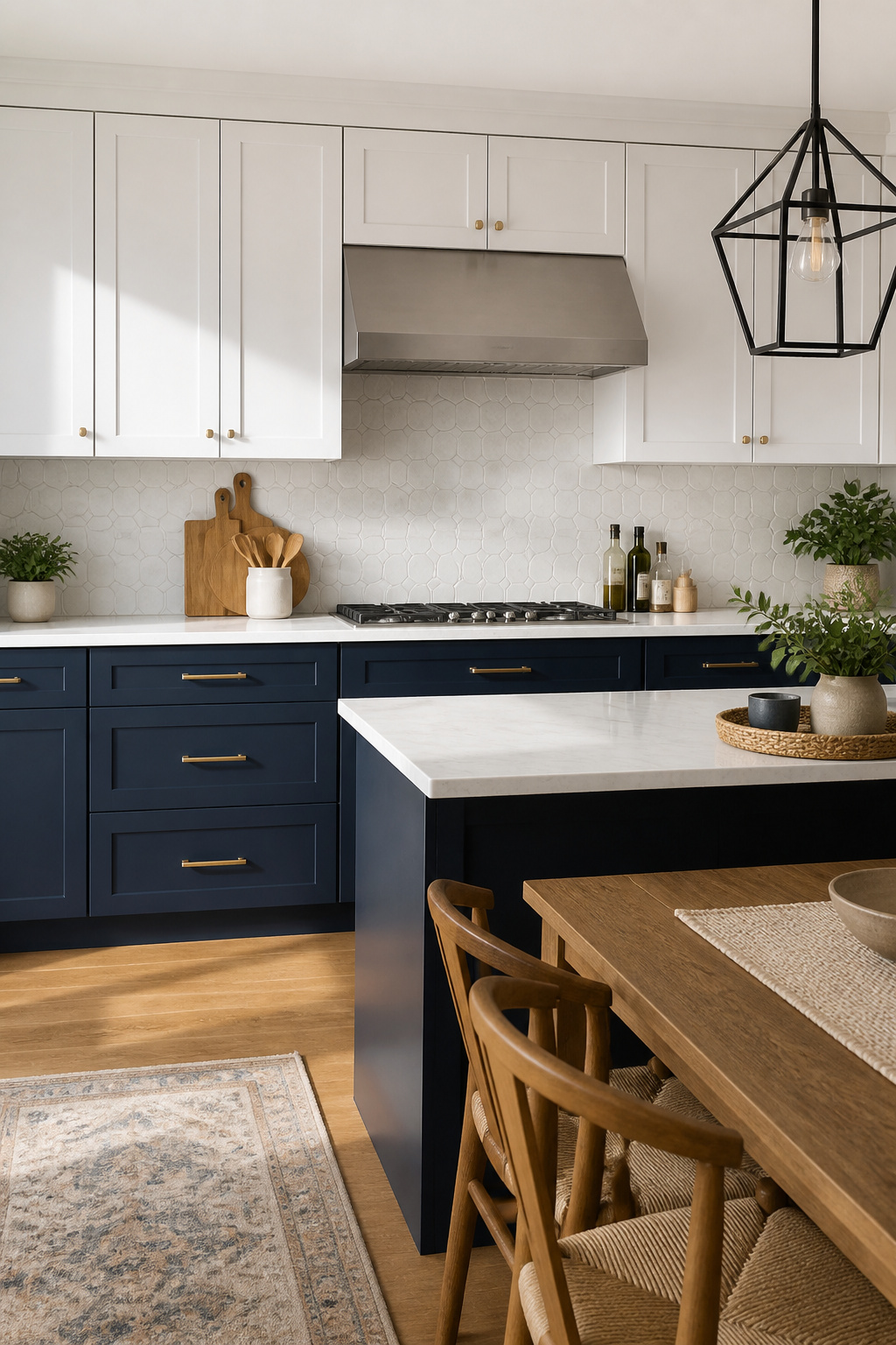 10 Navy and White Kitchen Cabinet Ideas for 2026 3 Modern kitchen with geometric backsplash and navy lower cabinets.