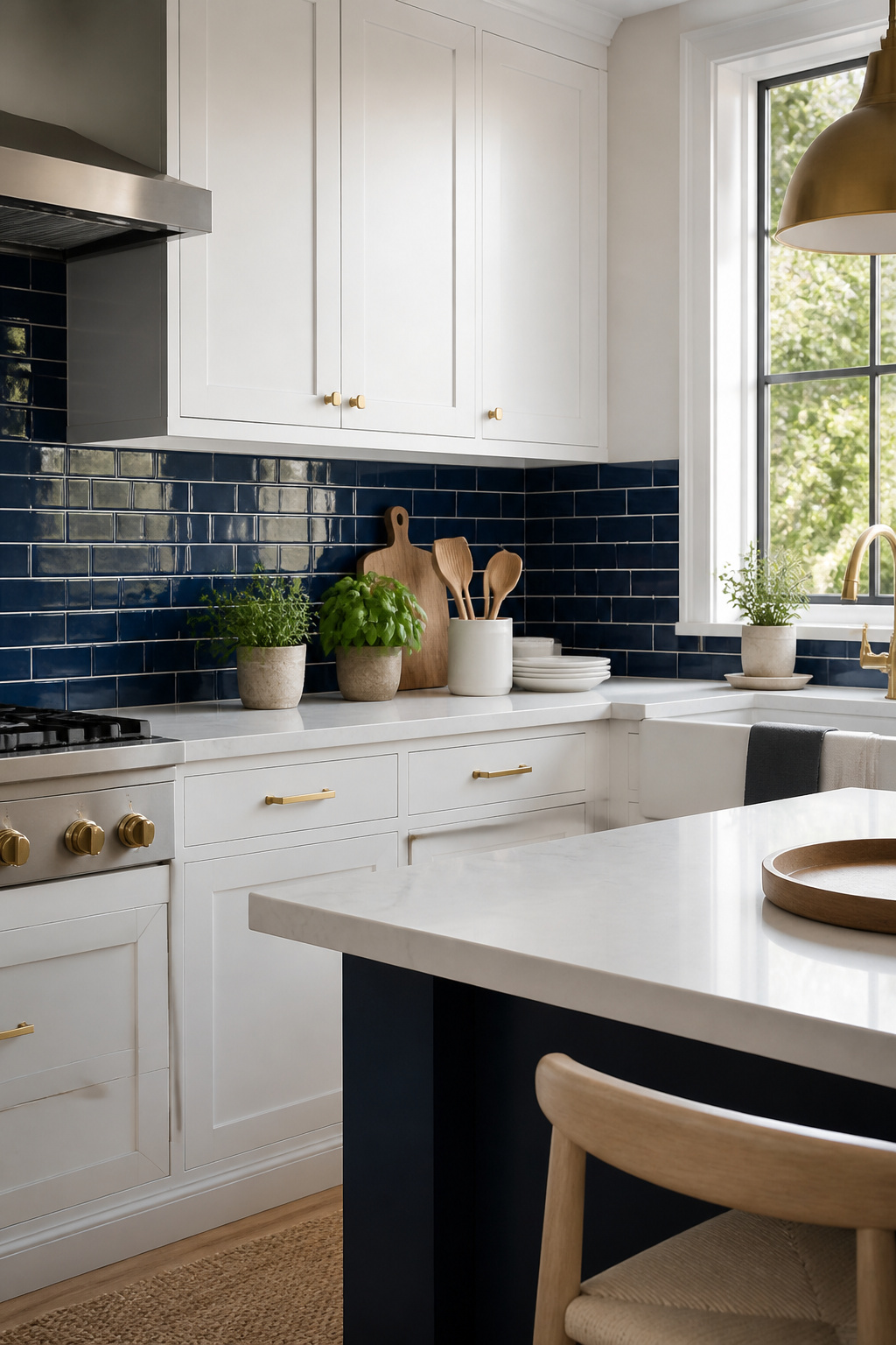 10 Navy and White Kitchen Cabinet Ideas for 2026 6 Kitchen with navy metro tile splashback and white cabinets.