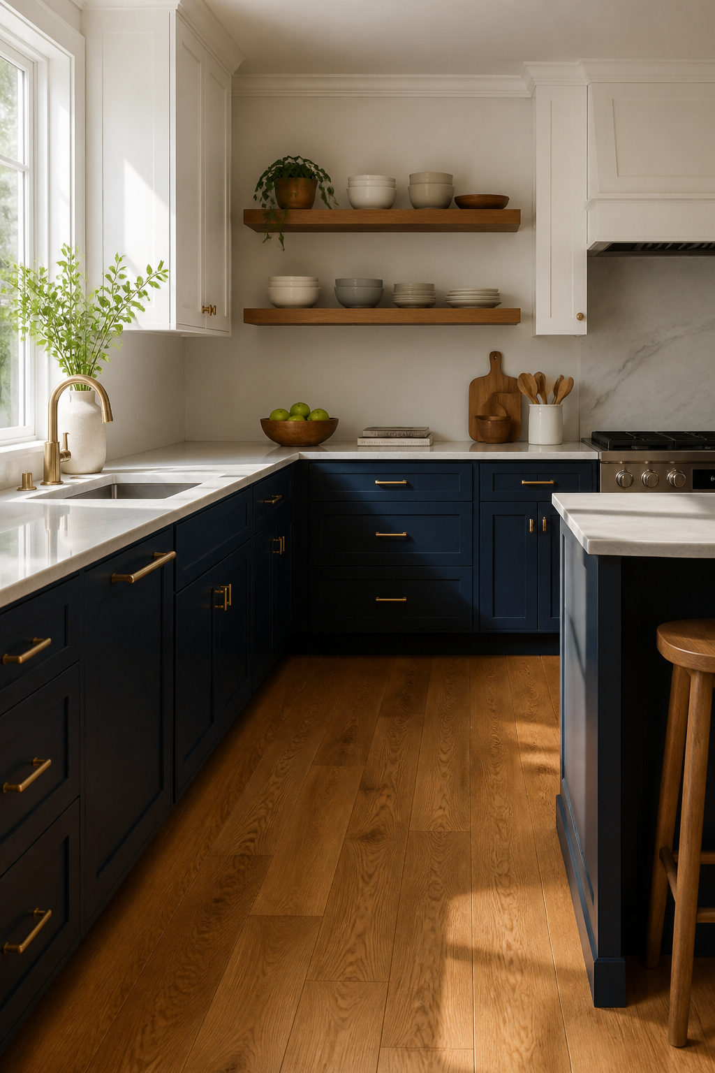 10 Navy and White Kitchen Cabinet Ideas for 2026 8 Cozy kitchen with wooden flooring and navy white cabinets.