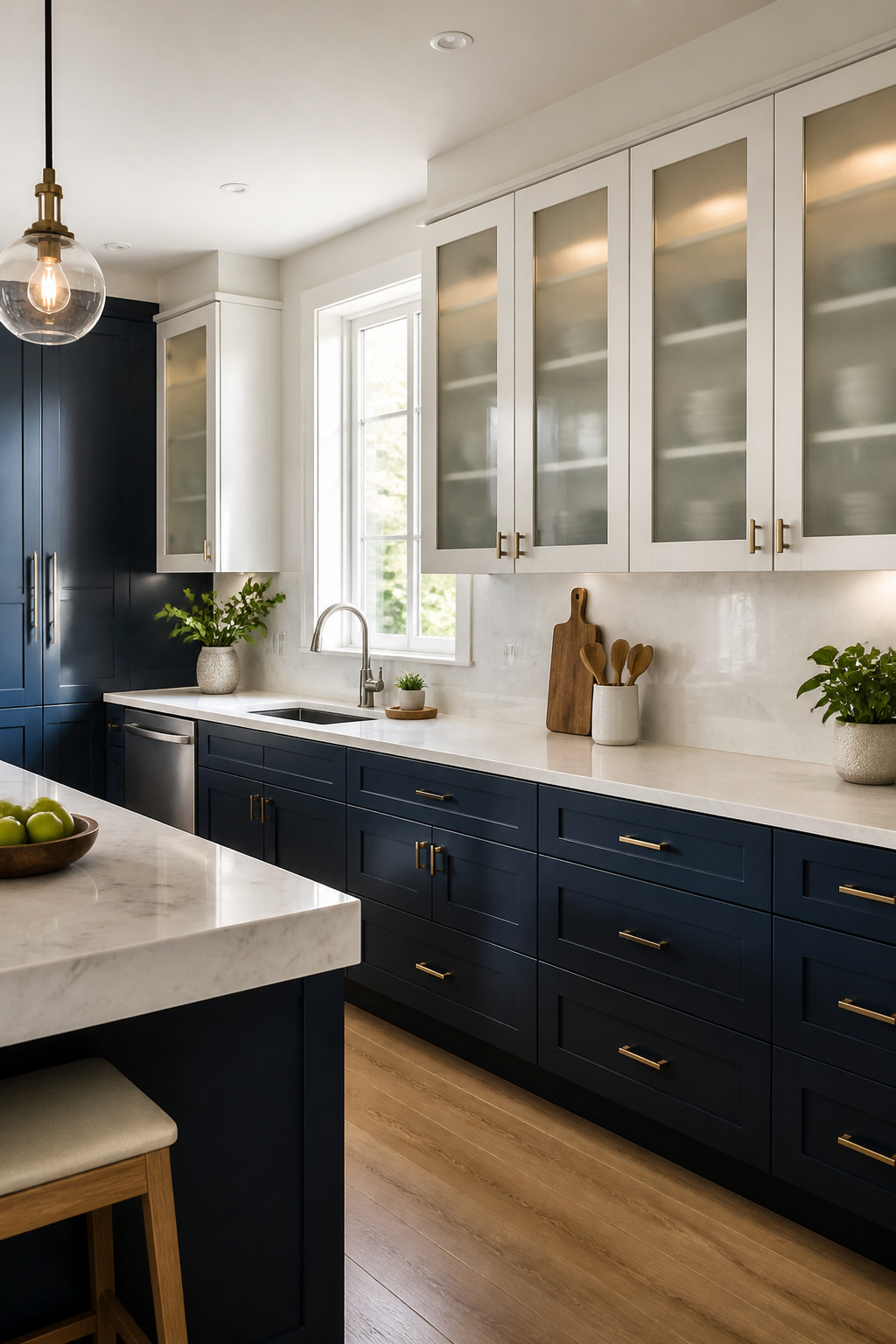 10 Navy and White Kitchen Cabinet Ideas for 2026 9 Kitchen with navy lower cabinets and white frosted glass upper cabinets.