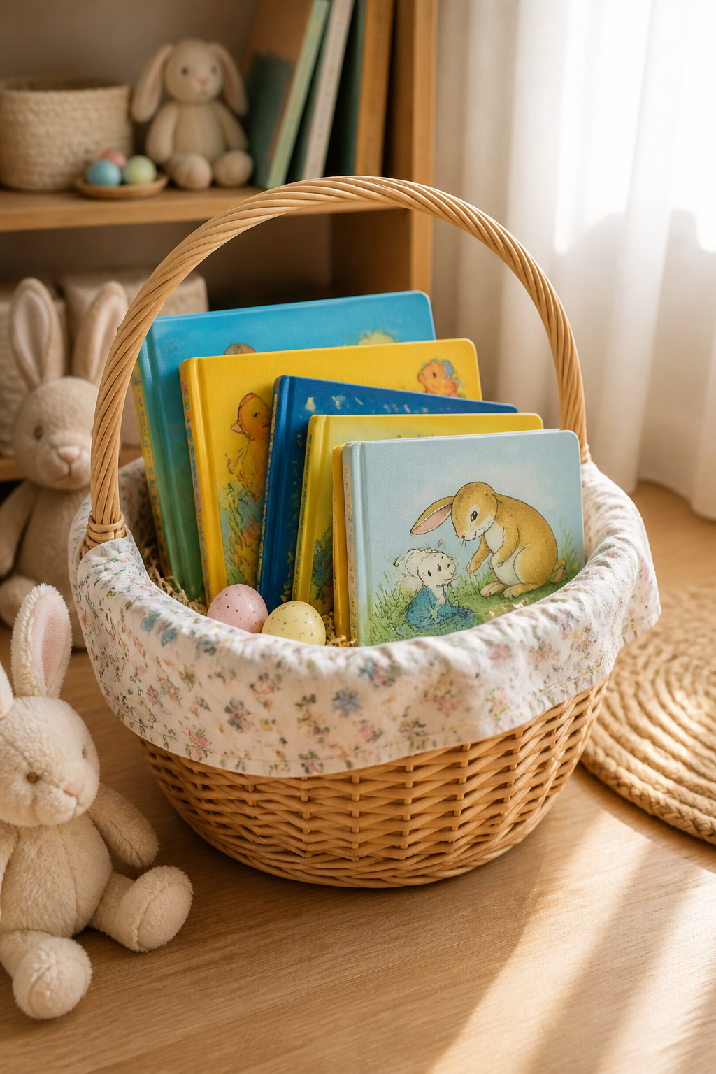 A selection of board books and cloth books for a newborn's basket.