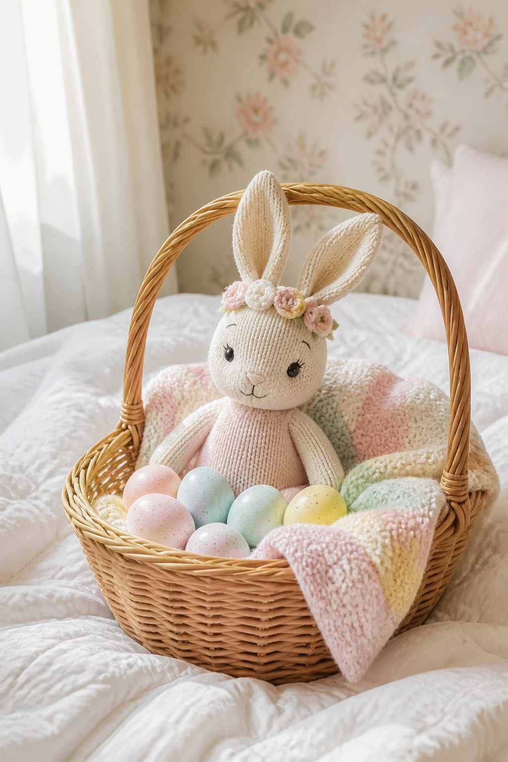 A Cuddle + Kind bunny plush featured in an Easter basket.