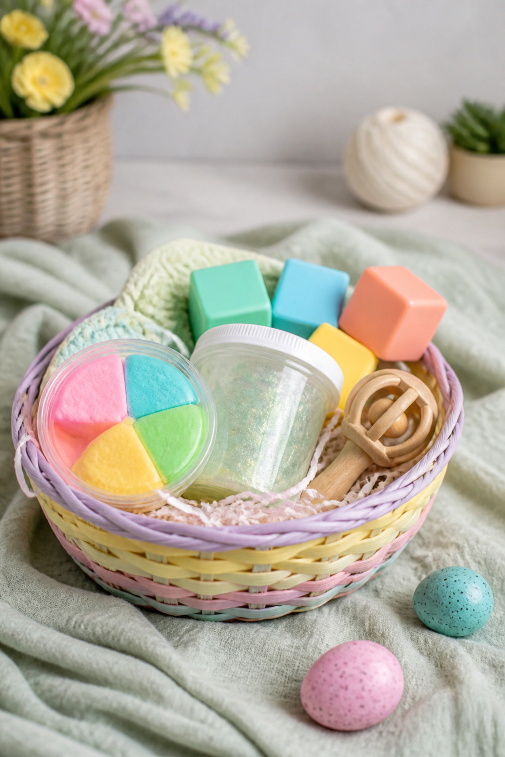 A basket with eco-dough, slime, and soft blocks for a newborn.