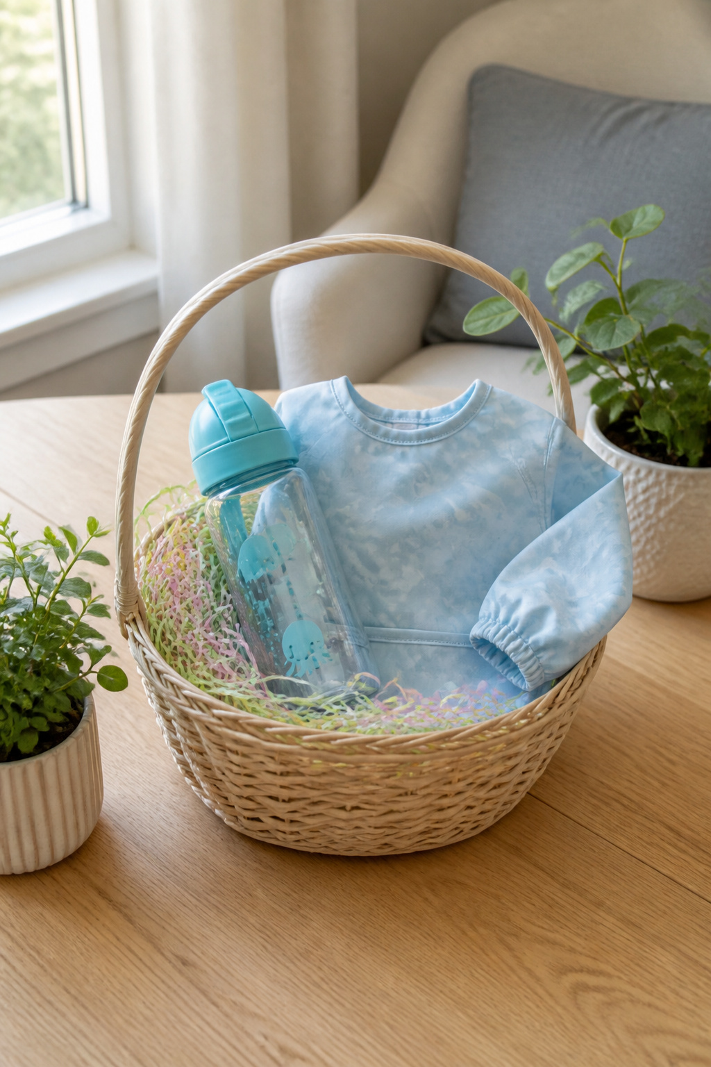 A basket with a no-spill water bottle and a long-sleeve bib.
