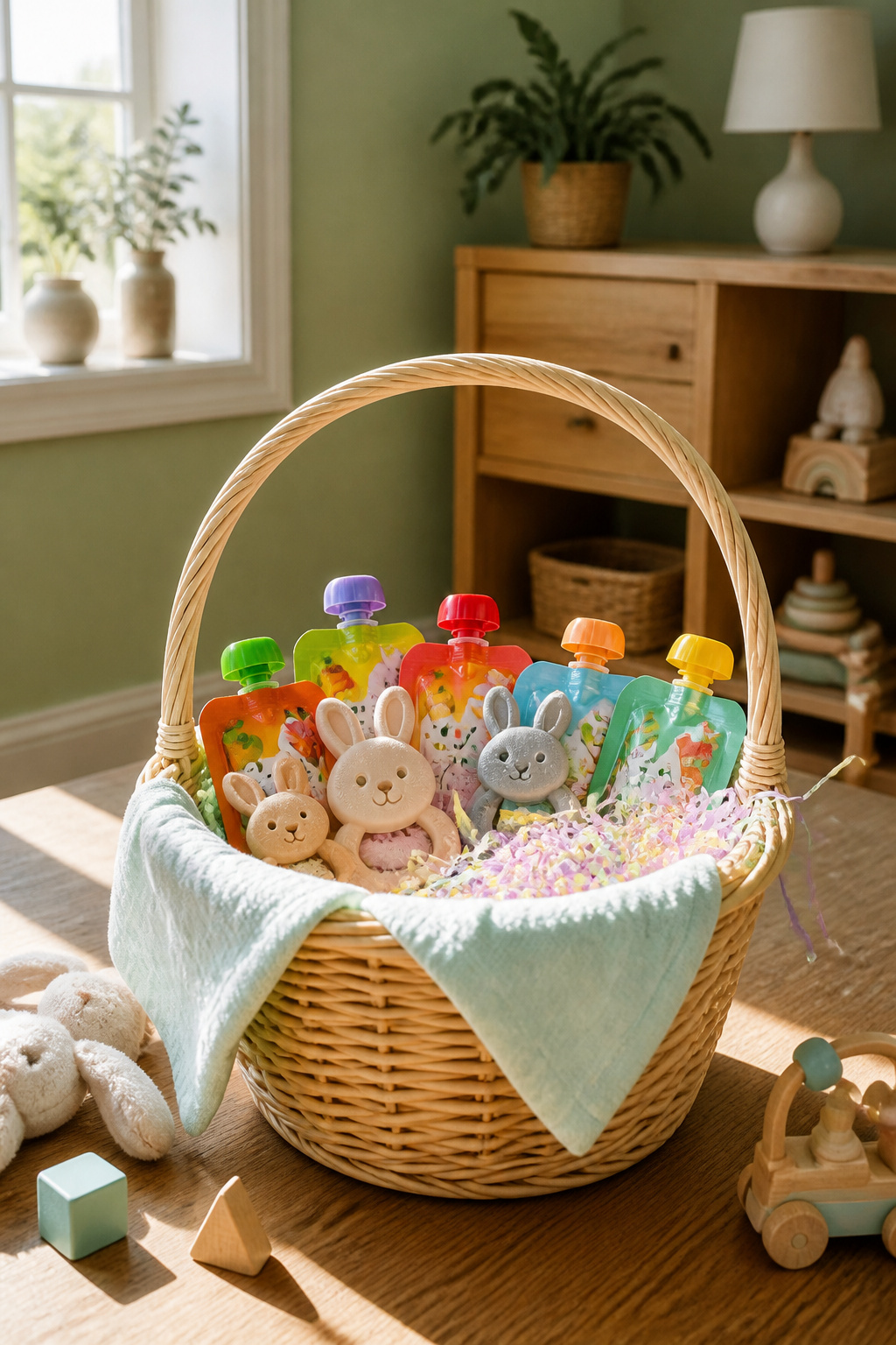 A basket filled with soft teethers and colorful baby food pouches.