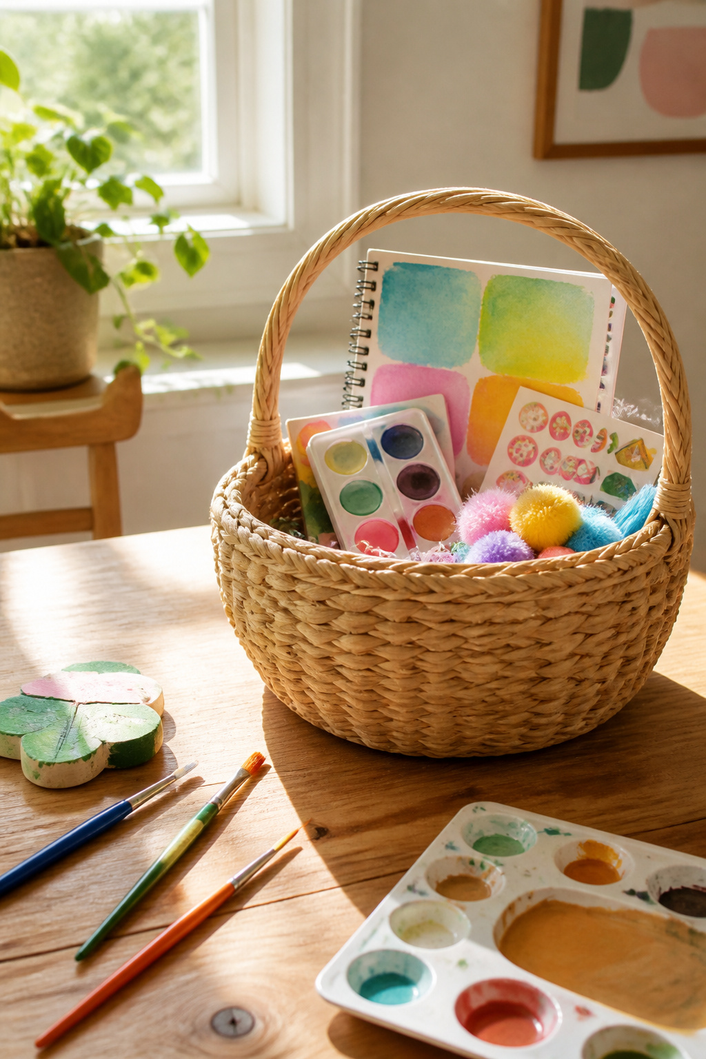 A basket filled with colorful craft supplies and stickers.