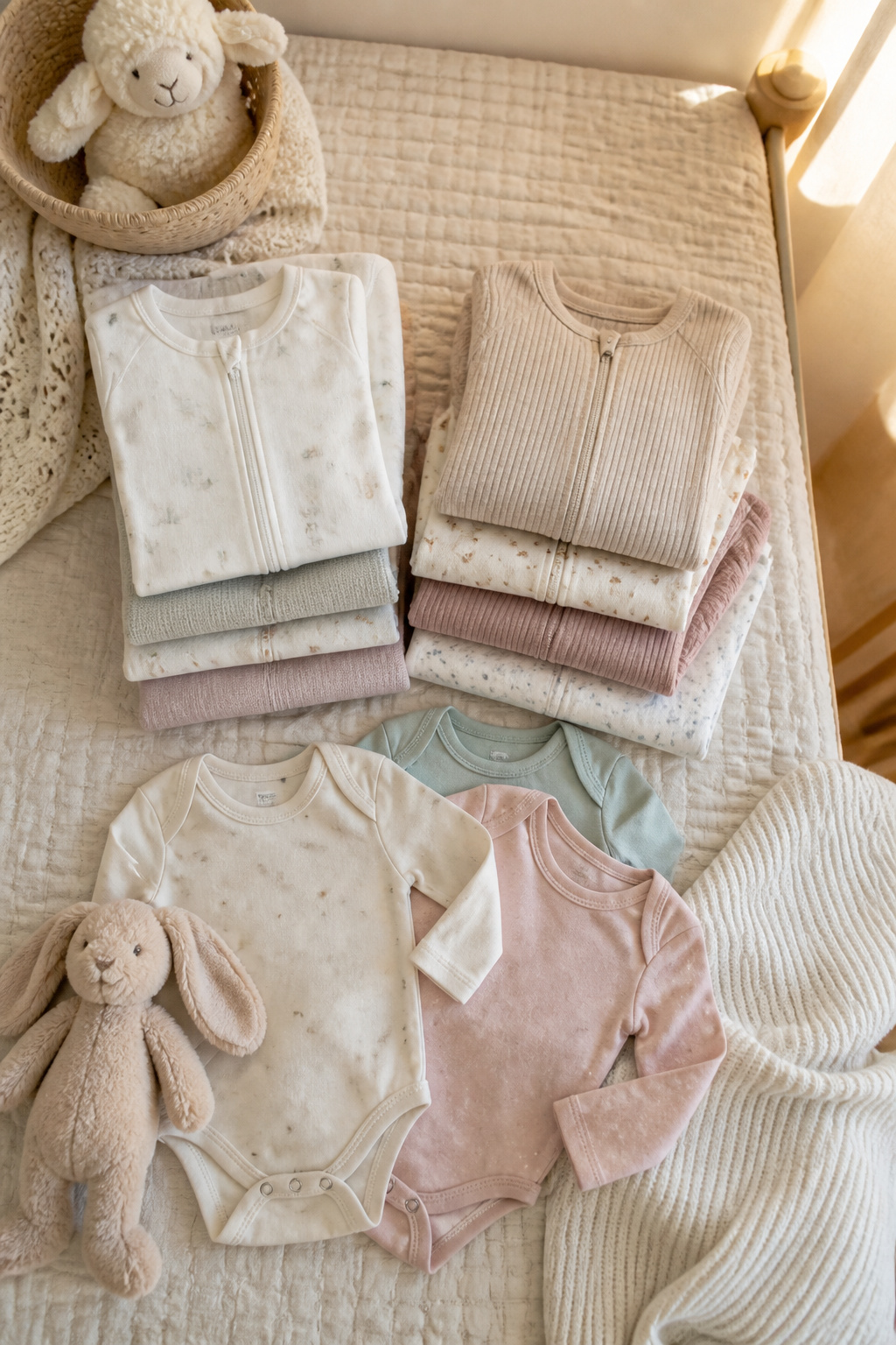 Newborn Essentials for Winter: What to Buy for Cold Weather 1 Multiple cotton and merino sleepsuits in various sizes.