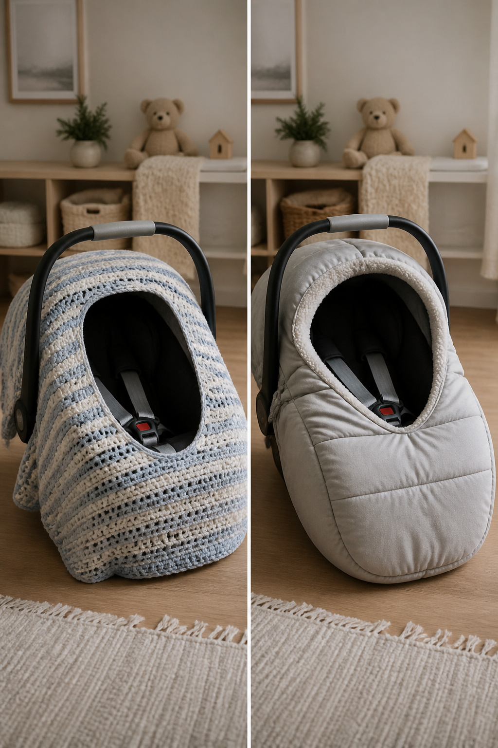 Newborn Essentials for Winter: What to Buy for Cold Weather 11 Car seat cover stretched over a car seat for winter use.