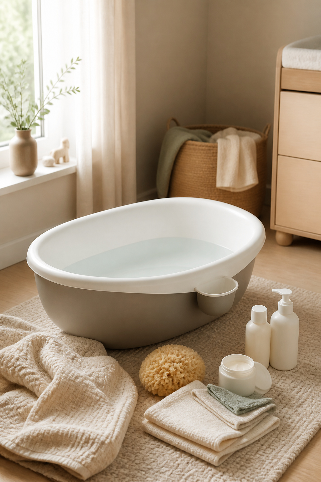 Newborn Essentials for Winter: What to Buy for Cold Weather 13 Baby bathtub with skincare products and soft towels nearby.