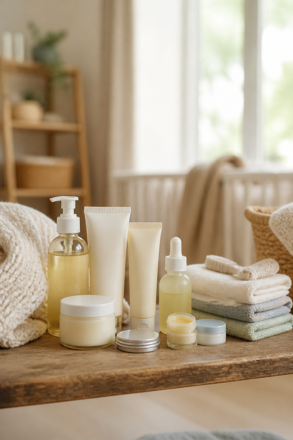 Newborn Essentials for Winter: What to Buy for Cold Weather 15 Assortment of soothing balms and oils on a wooden shelf.