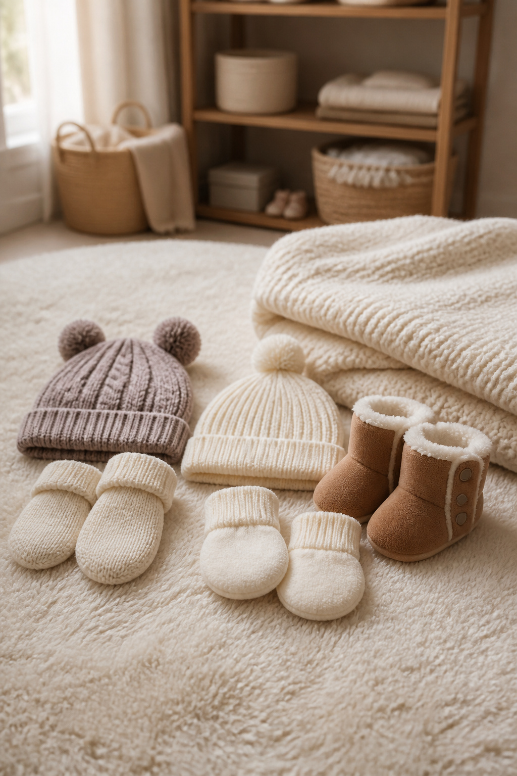 Newborn Essentials for Winter: What to Buy for Cold Weather 2 Array of soft hats, mittens, and booties on a plush nursery rug.