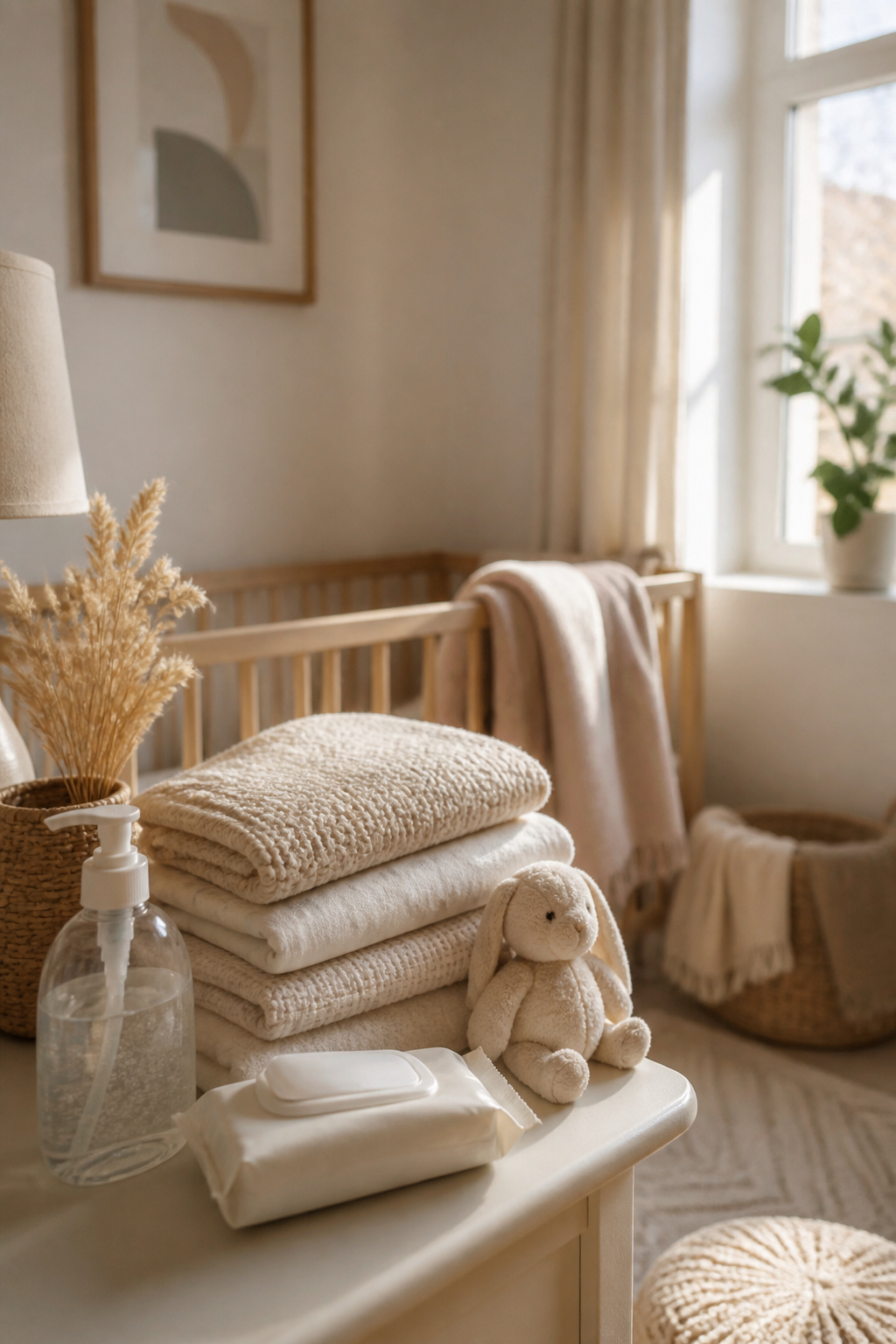 Newborn Essentials for Winter: What to Buy for Cold Weather 20 Hand sanitizer and baby wipes arranged in a nursery corner.