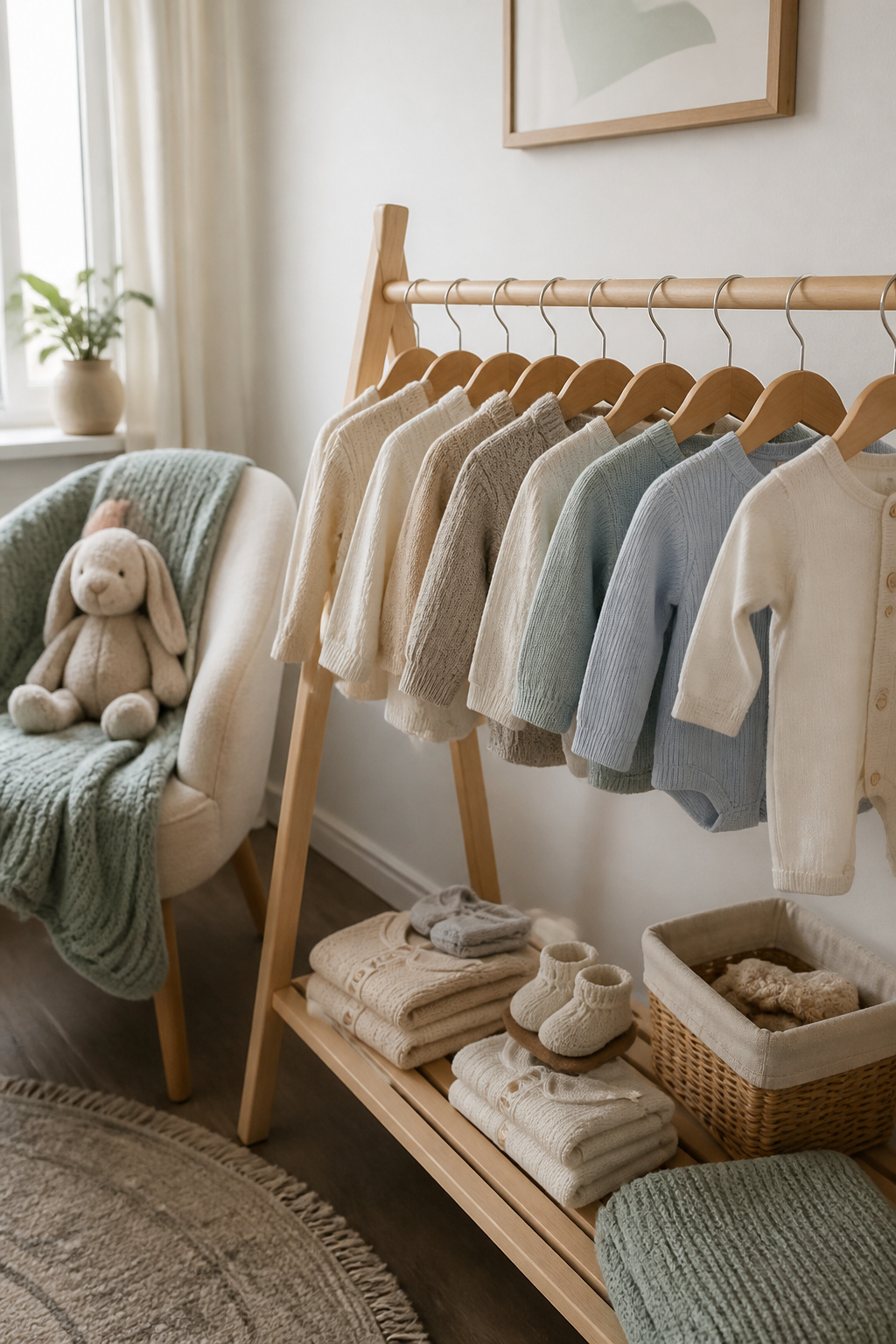 Newborn Essentials for Winter: What to Buy for Cold Weather 3 Soft cotton and bamboo sweaters and cardigans on a wooden rack.