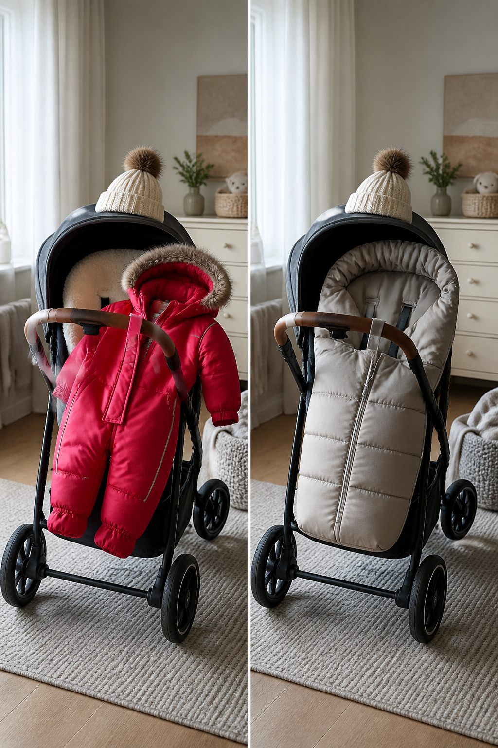 Newborn Essentials for Winter: What to Buy for Cold Weather 4 Winter snowsuit and stroller suit laid out for comparison.
