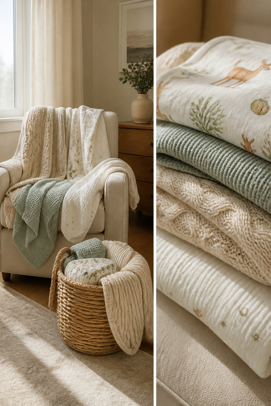 Newborn Essentials for Winter: What to Buy for Cold Weather 5 Different types of blankets, including receiving and swaddle blankets.