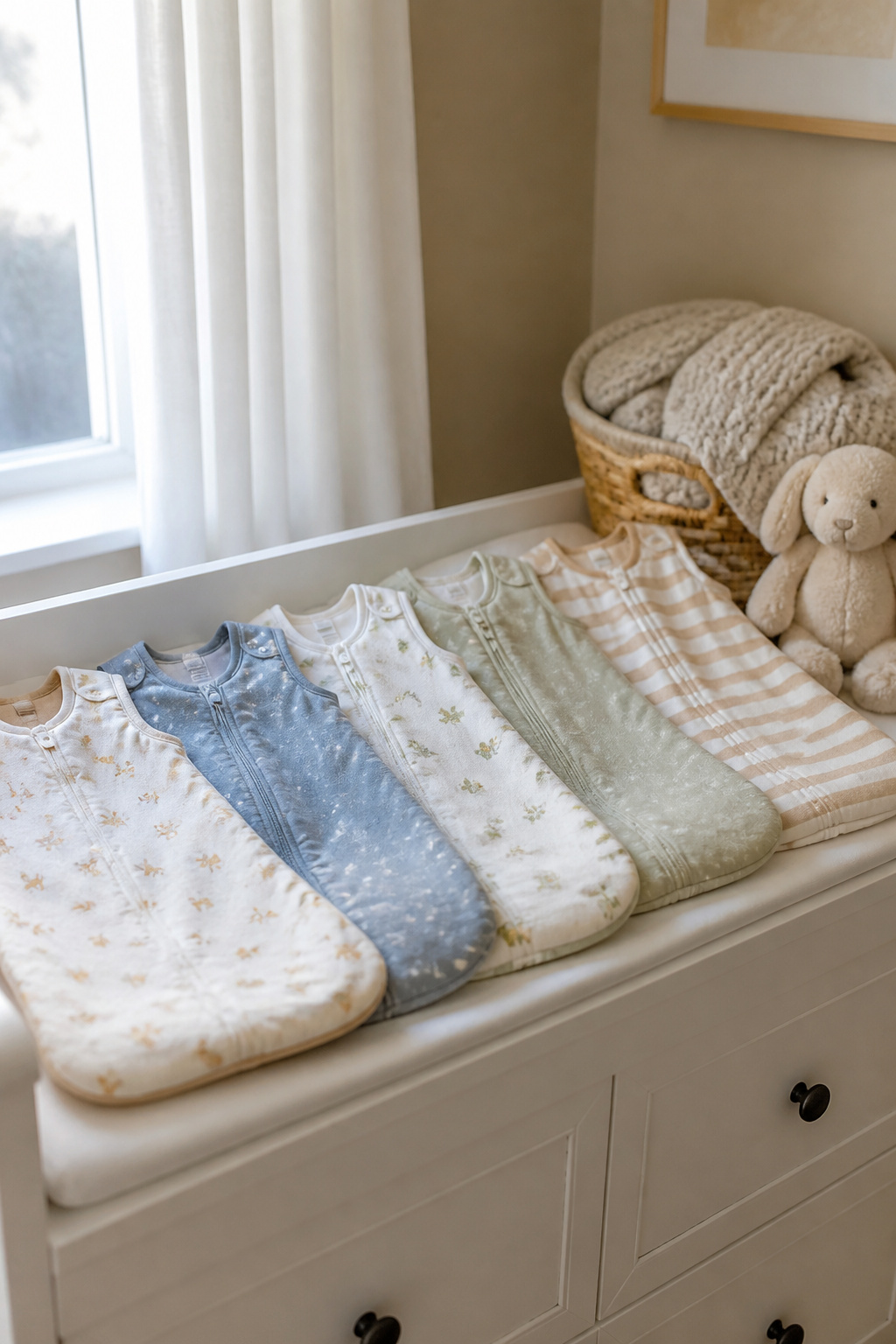 Newborn Essentials for Winter: What to Buy for Cold Weather 6 Row of sleep sacks with various TOG ratings on a changing table.