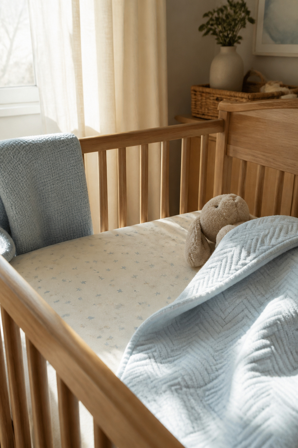 Newborn Essentials for Winter: What to Buy for Cold Weather 7 Close-up of warm flannel and jersey-knit crib sheets on a mattress.