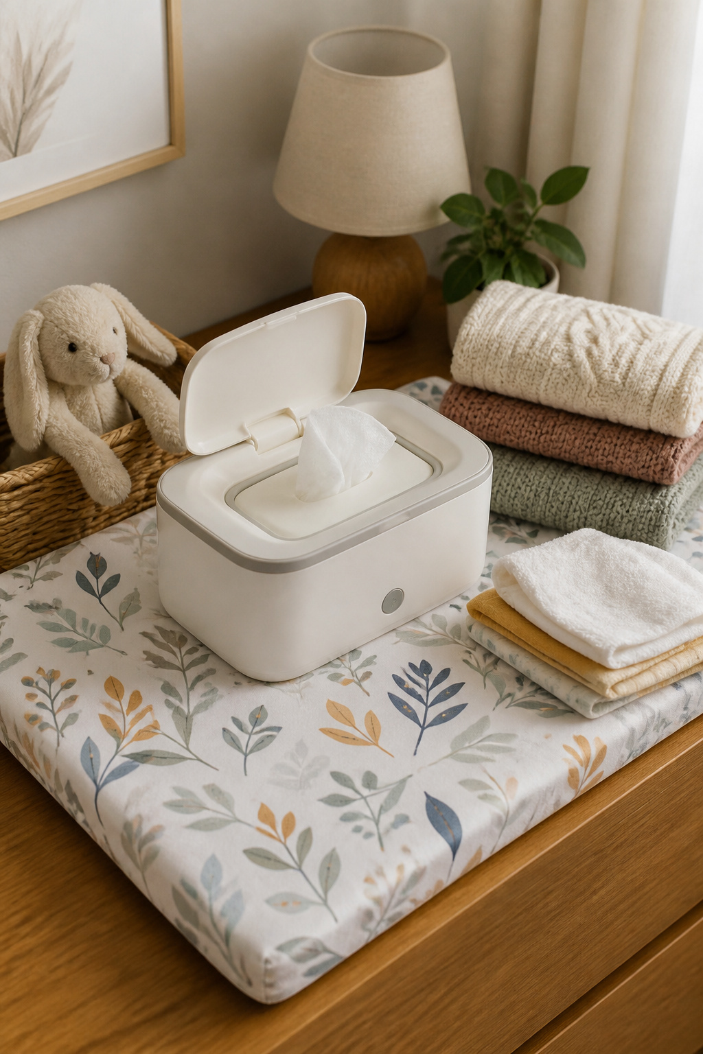 Newborn Essentials for Winter: What to Buy for Cold Weather 9 Wipe warmer on a colorful changing mat with wipes nearby.