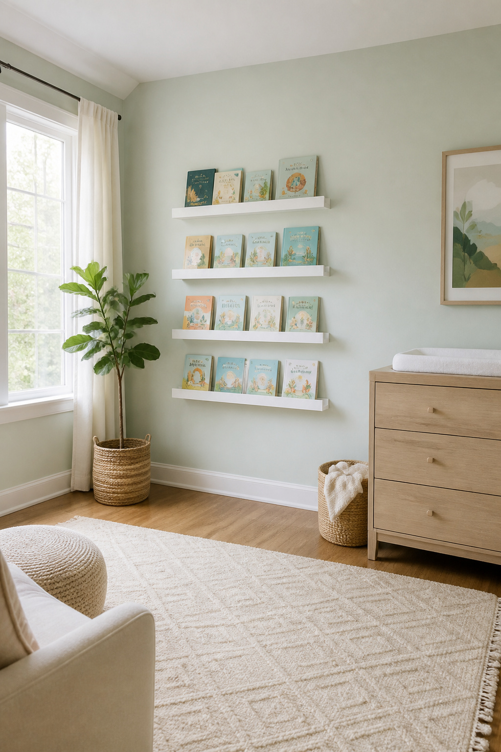 12 Nursery Bookshelf Ideas for Style and Storage in 2026 1 A set of floating shelves mounted on a wall holding board books.