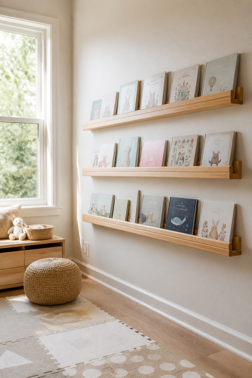 12 Nursery Bookshelf Ideas for Style and Storage in 2026 4 Elegant wall-mounted book ledges holding board books with covers facing out.